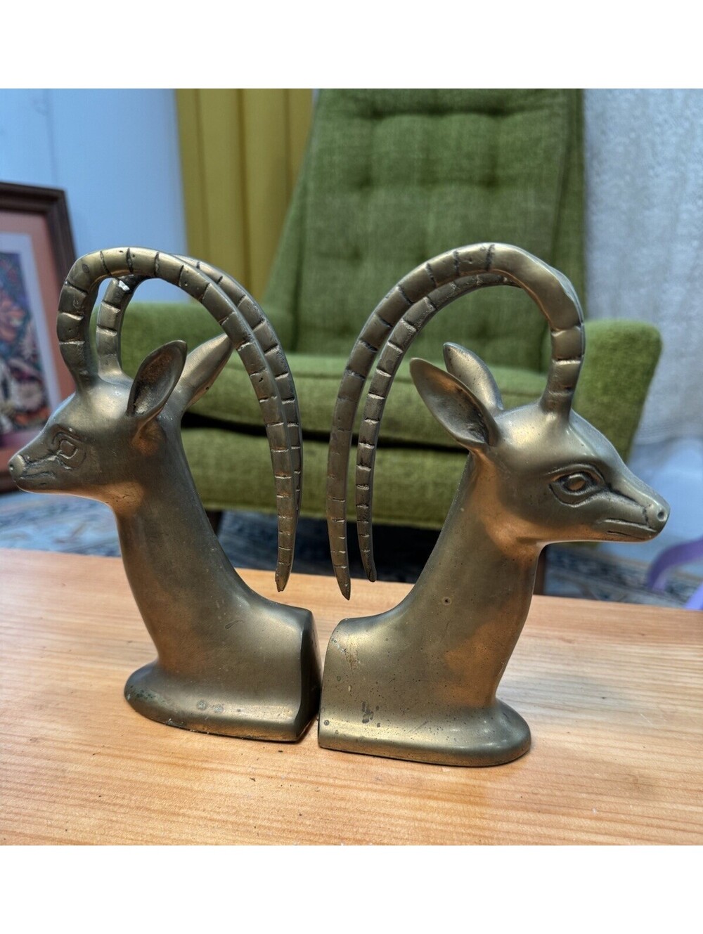 Pair of heavy Vintage gazelle antelope deer antler brass bookends - Picture 2 of 6